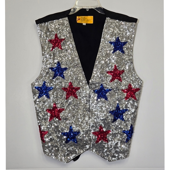 JC Brand Vintage 1980s 90s Red Blue Star Sequin Men's Formal Vest sz L - Picture 1 of 2